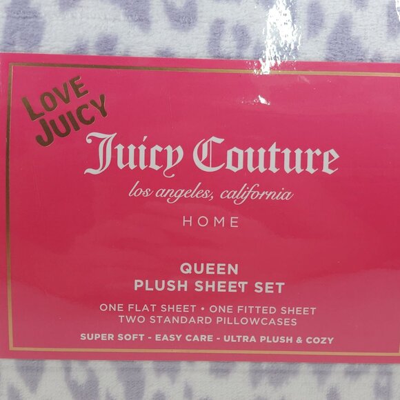 Juicy Couture Queen Plush Sheet Set Ultra Soft Cozy Leopard Print Lavender - Picture 4 of 8